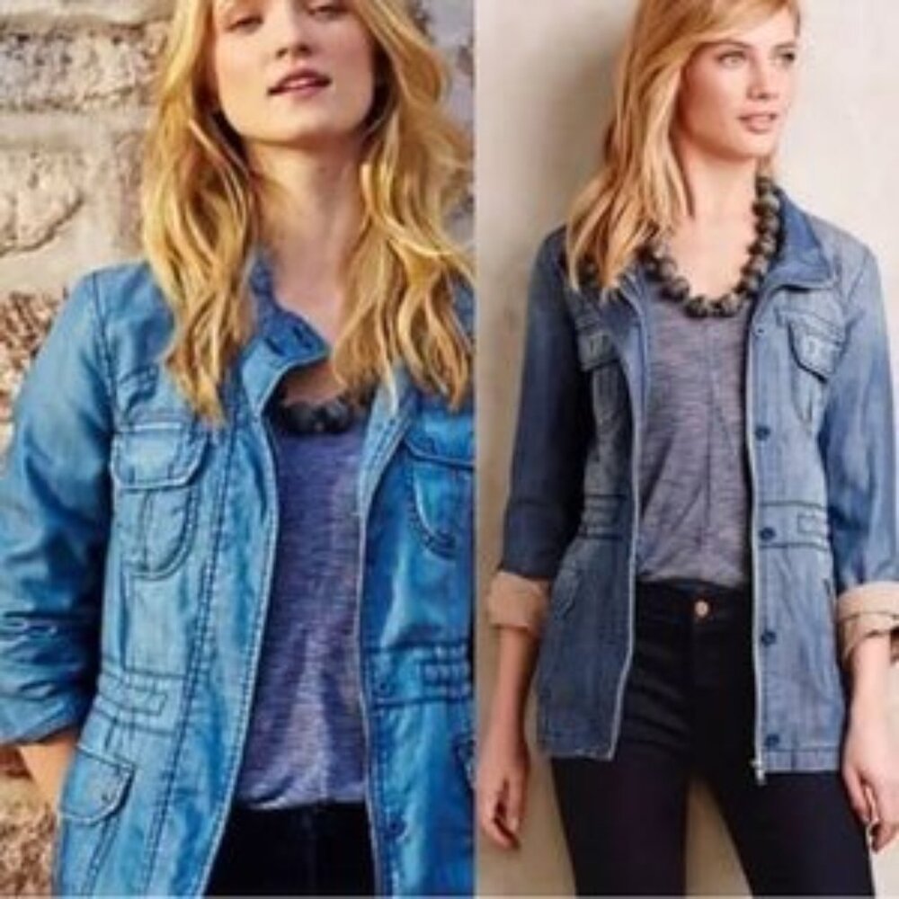 Women's Anthropologie MARRAKECH Denim Blue Lyocell Utility Jacket Size Large L